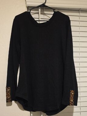 Amaryllis Black Long-Sleeve Top with Leopard Cuff Detail
